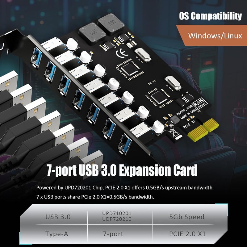 GLOTRENDS بطاقة توسيع PCIe 7-Port USB 3.0 Type-A 5Gb لمنصات Intel وAMD وARM، متوافقة مع Windows وLinux (لا تدعم Mac OS) - Image 3